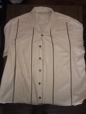 Caribbean Silk Mens Button Up Short Sleeve Dress Shirt Size Large Striped Silk